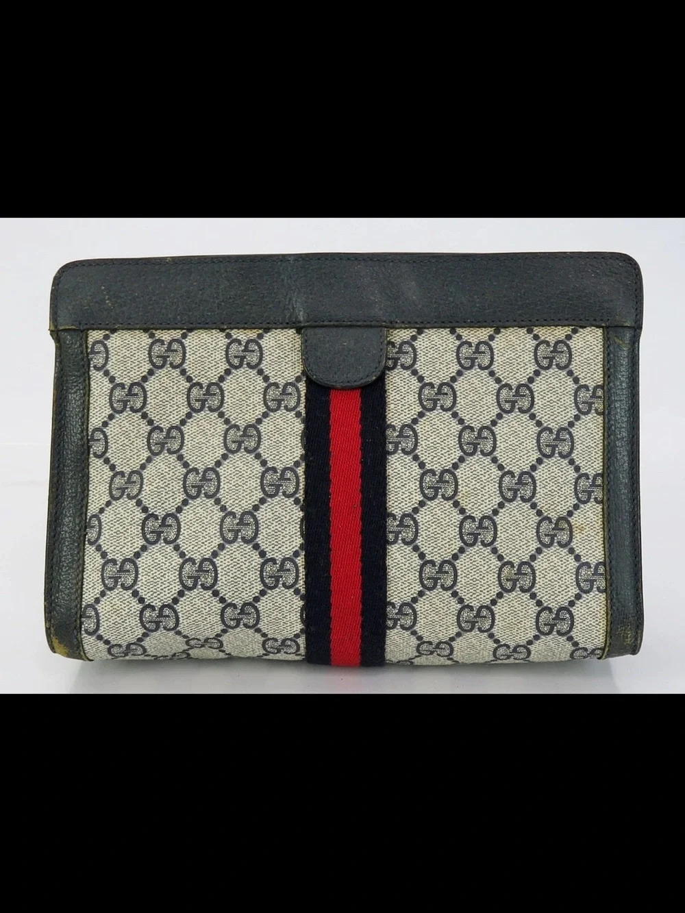 Gucci Beige GG Canvas Clutch with Black Trim and Red/Navy Web Stripe